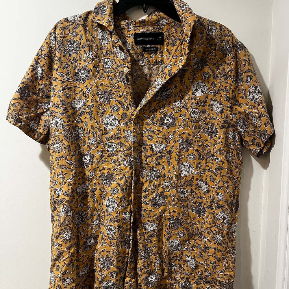 Abercrombie & Fitch Shirt Mens Medium Yellow Linen Blend Floral Cuban Collar
